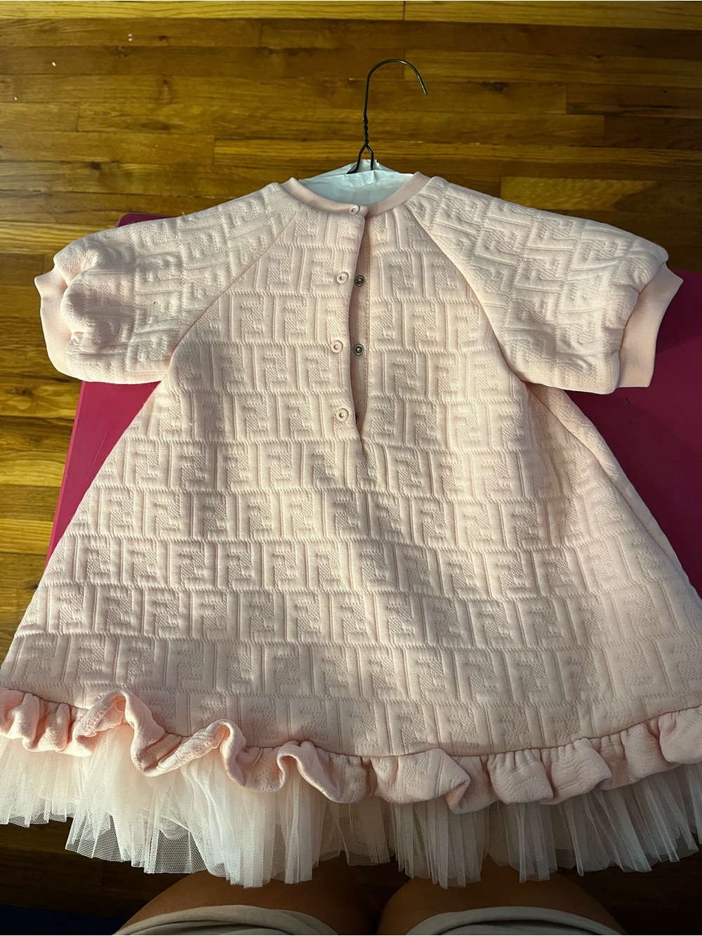 Fendi Light Pink Textured Knit Ruffle-Hem Girls' Dress